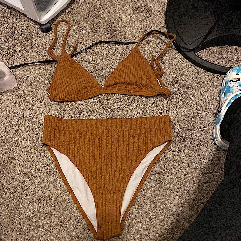 Brown 2-piece swimsuit.